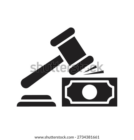 Solid glyph icon depicting judge gavel hitting banknote representing legal fine penalty sanction court fee and financial justice concepts