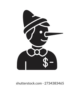 Solid glyph icon depicting liar character with long nose and dollar sign representing financial fraud scam and money deception concepts