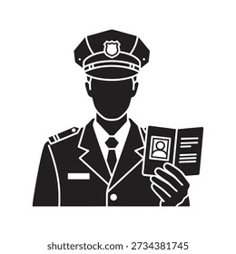 Solid glyph icon depicting police officer holding open passport representing border control identity check immigration inspection and security concepts