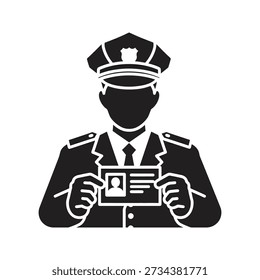 Solid glyph icon depicting police officer holding identification card representing security check border control authority and official verification concepts