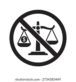 Solid glyph icon depicting prohibition sign over scales representing injustice unfairness bias and legal inequality concepts