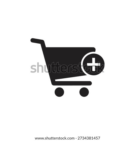 Solid glyph icon depicting shopping bag with plus sign representing add to cart purchase item and retail buying concepts