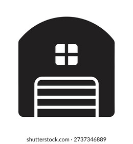 Solid glyph icon depicting warehouse storage building representing logistics depot hangar and industrial inventory concepts