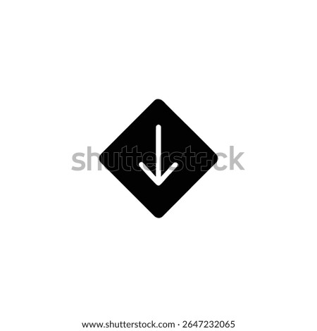 A solid glyph icon with a down arrow in negative space inside a diamond. Symbol for low priority or decreasing importance.
