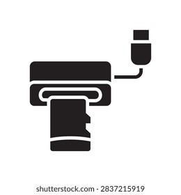 Solid glyph icon of an SD memory card inserted into a USB card reader. Data transfer symbol.
