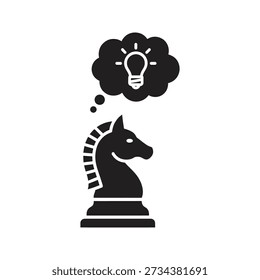Solid glyph icon showing chess knight with idea lightbulb bubble representing strategic thinking planning tactic and smart move concepts