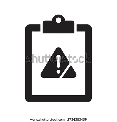 Solid glyph icon showing clipboard with warning triangle representing risk assessment error report and safety inspection concepts