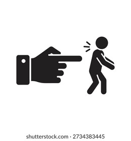 Solid glyph icon showing hand finger pointing at person back representing accusation blame bullying and social pressure concepts