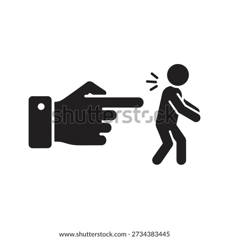 Solid glyph icon showing hand finger pointing at person back representing accusation blame bullying and social pressure concepts