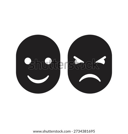 Solid glyph icon showing happy and angry face masks representing customer sentiment feedback emotion review and theatre concepts