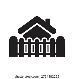Solid glyph icon showing house building behind fence representing residential privacy property boundary and home security concepts