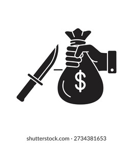 Solid glyph icon showing knife cutting money bag representing budget cuts financial crisis tax deduction and economic recession concepts