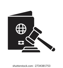 Solid glyph icon showing passport book next to judge gavel representing immigration law legal status citizenship court and deportation ruling concepts