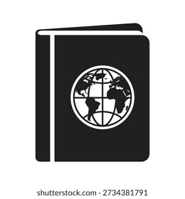 Solid glyph icon showing passport book with globe emblem representing citizenship immigration travel identification and border control document concepts
