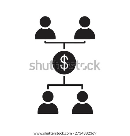 Solid glyph icon showing people hierarchy connected to dollar sign representing affiliate marketing network team and commission structure concepts