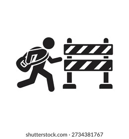 Solid glyph icon showing person running past construction barrier representing trespassing illegal entry bypassing obstacles and warning zone concepts