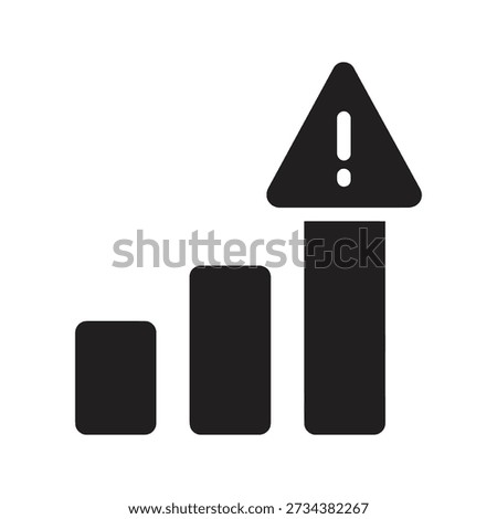 Solid glyph icon showing rising bar chart with exclamation triangle representing market risk growth warning and critical data concepts
