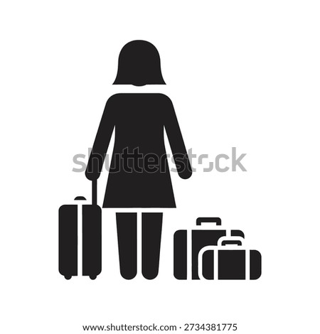 Solid glyph icon showing standing woman with suitcase luggage representing female traveler tourist passenger and relocation migration journey concepts