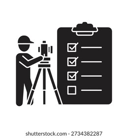 Solid glyph icon showing surveyor with equipment and checklist representing land survey construction planning and site inspection concepts