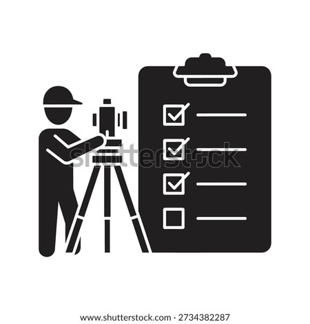 Solid glyph icon showing surveyor with equipment and checklist representing land survey construction planning and site inspection concepts