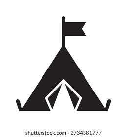 Solid glyph icon showing tent with flag representing refugee camp military base camping site outdoor shelter and temporary settlement accommodation concepts