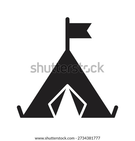 Solid glyph icon showing tent with flag representing refugee camp military base camping site outdoor shelter and temporary settlement accommodation concepts