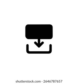 Um ícone de glifo sólido mostrando dois quadros com uma seta para baixo, simbolizando uma transição de tela ou slide para baixo. Isolado no branco.