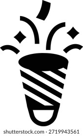 Un sólido icono de glifo de un popper de fiesta a rayas que suelta confeti hacia arriba, capturando celebraciones festivas y sentimiento alegre de fiesta.
