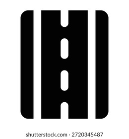 Glifo sólido ilustración de una carretera con marcas de carril en color negro. Estilo minimalista y audaz adecuado para el transporte, viajes, navegación y temas de infraestructura sobre fondo limpio.