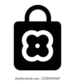 Glifo sólido ilustración de un bolso de compras de recuerdos en negro. Estilo simple y audaz que representa recuerdos de viajes, regalos, turismo, compras y experiencias de vacaciones.