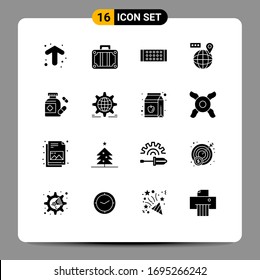 Solid Glyph Pack of 16 Universal Symbols of medicine; medical; lamp; location; map Editable Vector Design Elements