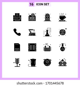 Solid Glyph Pack of 16 Universal Symbols of telephone; call; home; tea; drink Editable Vector Design Elements