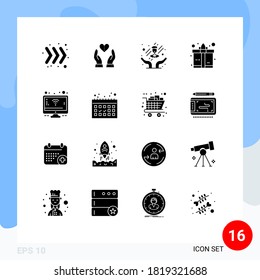 Solid Glyph Pack of 16 Universal Symbols of calendar; screen; care; monitor; gift Editable Vector Design Elements