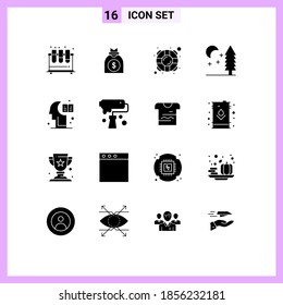 Solid Glyph Pack of 16 Universal Symbols of education; tree; business; night; safety Editable Vector Design Elements