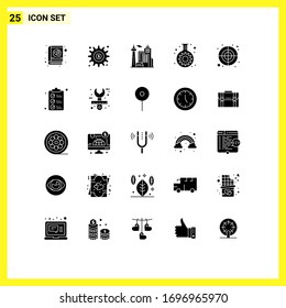 Solid Glyph Pack of 25 Universal Symbols of circular; gear; options; flask; palace Editable Vector Design Elements