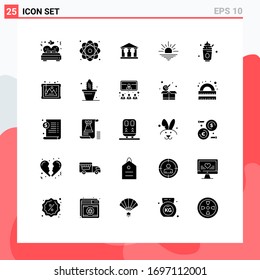 Solid Glyph Pack of 25 Universal Symbols of party; open; power; morning; sun Editable Vector Design Elements