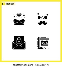 Solid Glyph Pack of 4 Universal Symbols of diamond; email; jewelry; fathers day; lock Editable Vector Design Elements