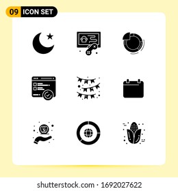 Solid Glyph Pack of 9 Universal Symbols of ribbon; flag; pie; celebrate; testing Editable Vector Design Elements