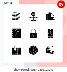 Solid Glyph Pack of 9 Universal Symbols of contacts; communication; occupation; book; pollution Editable Vector Design Elements