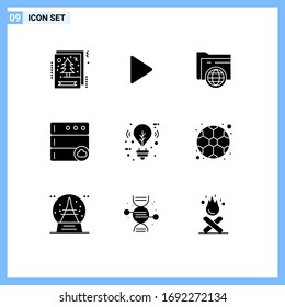 Solid Glyph Pack of 9 Universal Symbols of light; bulb; folder; server; cloud Editable Vector Design Elements