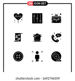 Solid Glyph Pack of 9 Universal Symbols of web; rice; suitcase; kitchen; playlist Editable Vector Design Elements