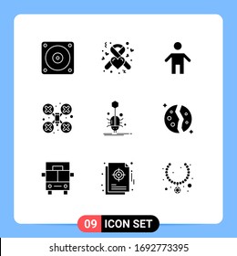 Solid Glyph Pack of 9 Universal Symbols of spider; bug; family; drone robot; camera Editable Vector Design Elements