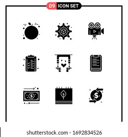Solid Glyph Pack of 9 Universal Symbols of clipboard; nature; video; music; finance Editable Vector Design Elements
