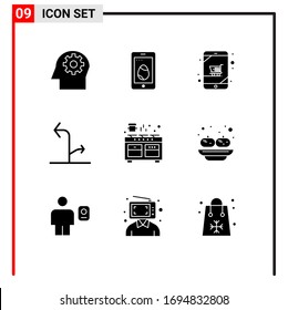 Solid Glyph Pack of 9 Universal Symbols of oven; cooker; device; traffic; directional Editable Vector Design Elements