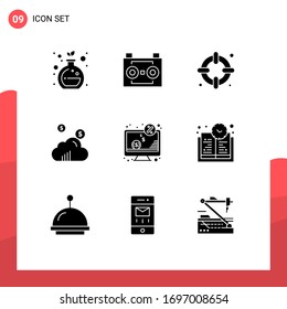 Solid Glyph Pack of 9 Universal Symbols of monitor; dollar; insurance; computer; marketing Editable Vector Design Elements