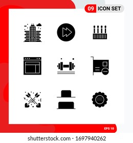 Solid Glyph Pack of 9 Universal Symbols of exercise; dumbell; cosmetic; website; site Editable Vector Design Elements