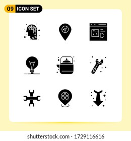 Solid Glyph Pack of 9 Universal Symbols of pot; camping; coding; lightbulb; innovation Editable Vector Design Elements