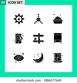 Solid Glyph Pack of 9 Universal Symbols of train; pin; washing; navigation; internet Editable Vector Design Elements
