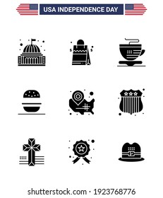 Solid Glyph Pack of 9 USA Independence Day Symbols of states; usa; american; american; burger Editable USA Day Vector Design Elements