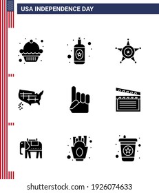Solid Glyph Pack of 9 USA Independence Day Symbols of american; hand; star; foam hand; united Editable USA Day Vector Design Elements